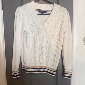 Tommy Hilfiger Cream Cable-Knit V-Neck Sweater with Stripe Trim